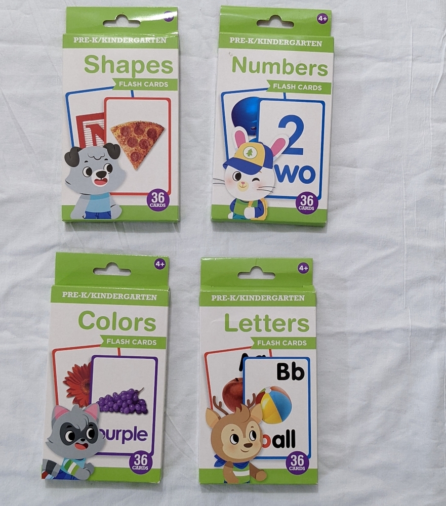 4 NEW LEARNING FLASH CARDS, PRE-K/KINDERGARTEN,LETTERS, SHAPES, NUMBERS, COLORS